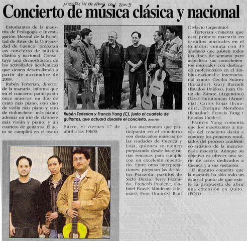 Diario El Mercurio de Cuenca, anuncia el Concierto en el ciclo de conferencias del Maestro Francis Yang, en Cuenca, con la participación de los guitarristas Marcelo y Diego Pacheco